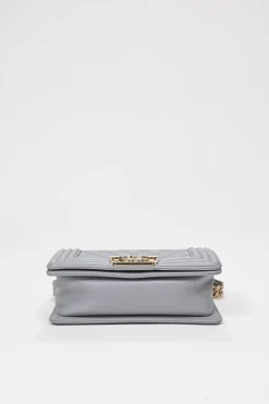 Grey calfskin leather Small Boy Flap Bag with light gold-finish hardware
