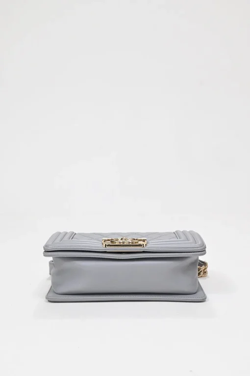 Grey calfskin leather Small Boy Flap Bag with light gold-finish hardware