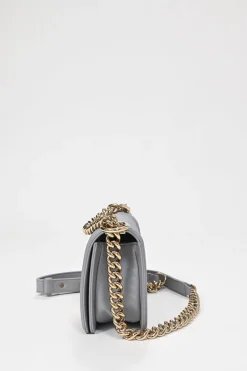 Grey calfskin leather Small Boy Flap Bag with light gold-finish hardware