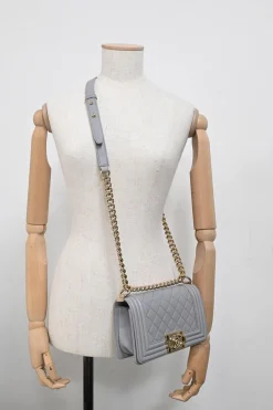 Grey calfskin leather Small Boy Flap Bag with light gold-finish hardware