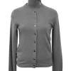 Grey cashmere jersey knit two-piece set with turtleneck vest and crewneck button-front cardigan