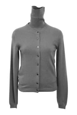 Grey cashmere jersey knit two-piece set with turtleneck vest and crewneck button-front cardigan