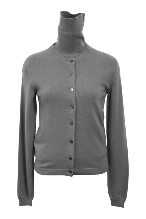 Grey cashmere jersey knit two-piece set with turtleneck vest and crewneck button-front cardigan