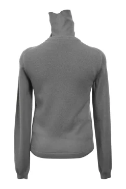 Grey cashmere jersey knit two-piece set with turtleneck vest and crewneck button-front cardigan