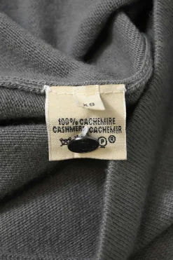 Grey cashmere jersey knit two-piece set with turtleneck vest and crewneck button-front cardigan