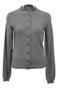 Grey cashmere jersey knit two-piece set with turtleneck vest and crewneck button-front cardigan