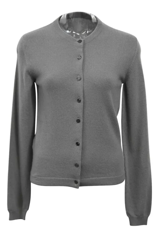 Grey cashmere jersey knit two-piece set with turtleneck vest and crewneck button-front cardigan