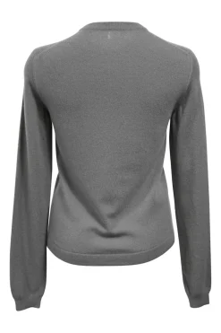 Grey cashmere jersey knit two-piece set with turtleneck vest and crewneck button-front cardigan