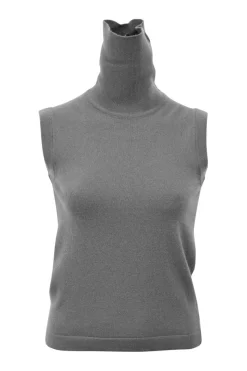 Grey cashmere jersey knit two-piece set with turtleneck vest and crewneck button-front cardigan