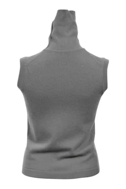 Grey cashmere jersey knit two-piece set with turtleneck vest and crewneck button-front cardigan