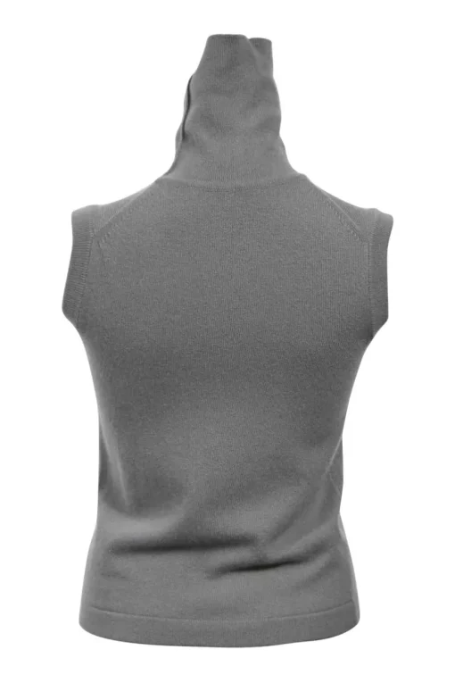 Grey cashmere jersey knit two-piece set with turtleneck vest and crewneck button-front cardigan