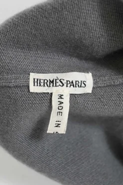 Grey cashmere jersey knit two-piece set with turtleneck vest and crewneck button-front cardigan