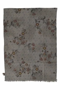 Grey cashmere-silk floral print raw-edge stole