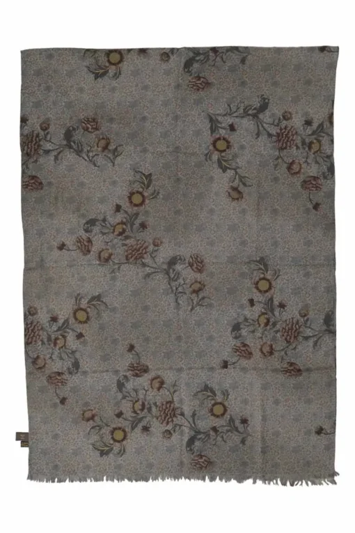 Grey cashmere-silk floral print raw-edge stole