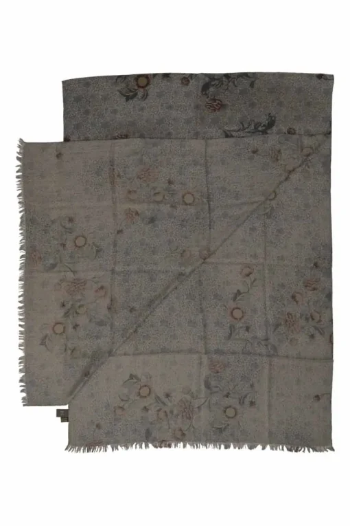 Grey cashmere-silk floral print raw-edge stole