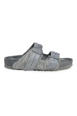 Grey cowhide hair and leather Arizona buckled sandals with signature anatomic insoles