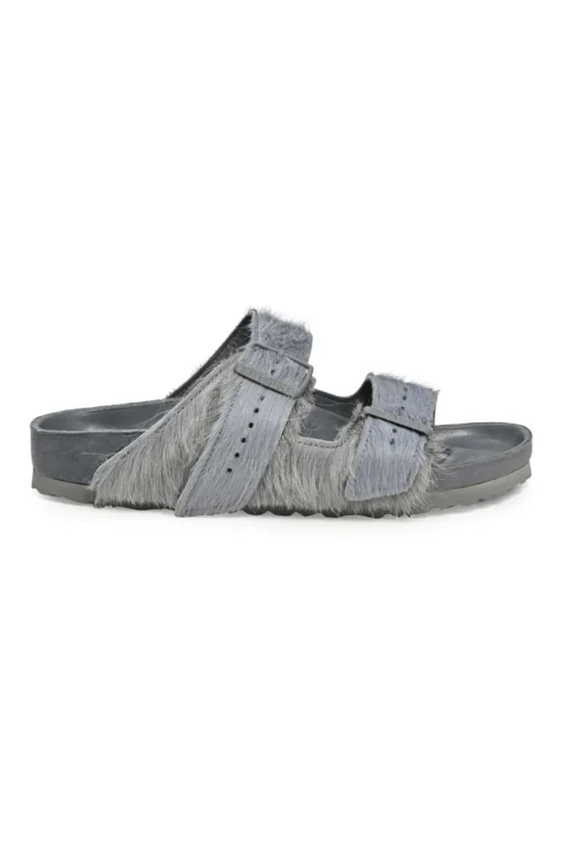 Grey cowhide hair and leather Arizona buckled sandals with signature anatomic insoles