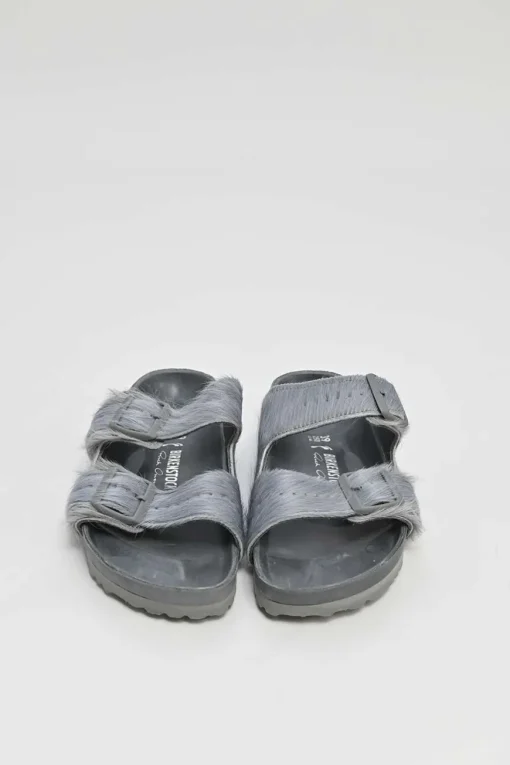 Grey cowhide hair and leather Arizona buckled sandals with signature anatomic insoles