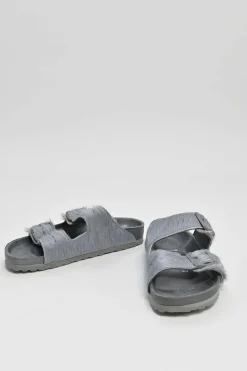 Grey cowhide hair and leather Arizona buckled sandals with signature anatomic insoles
