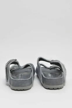 Grey cowhide hair and leather Arizona buckled sandals with signature anatomic insoles