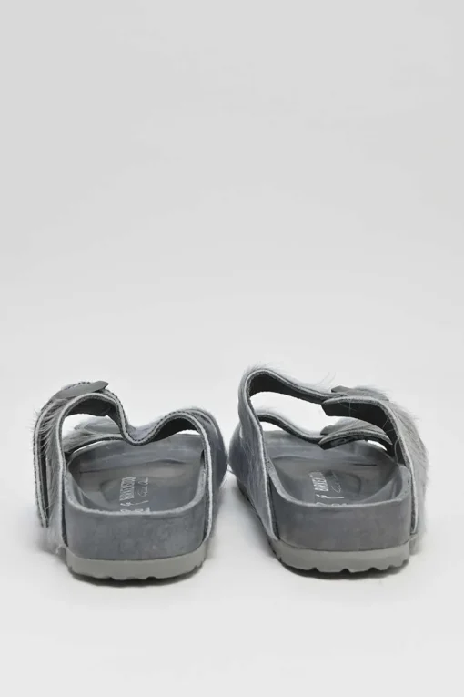 Grey cowhide hair and leather Arizona buckled sandals with signature anatomic insoles