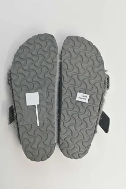 Grey cowhide hair and leather Arizona buckled sandals with signature anatomic insoles