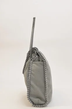 Grey cruelty-free fabric and silver-tone metallic chainlink Maxi Falabella tote bag