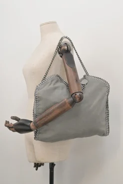 Grey cruelty-free fabric and silver-tone metallic chainlink Maxi Falabella tote bag