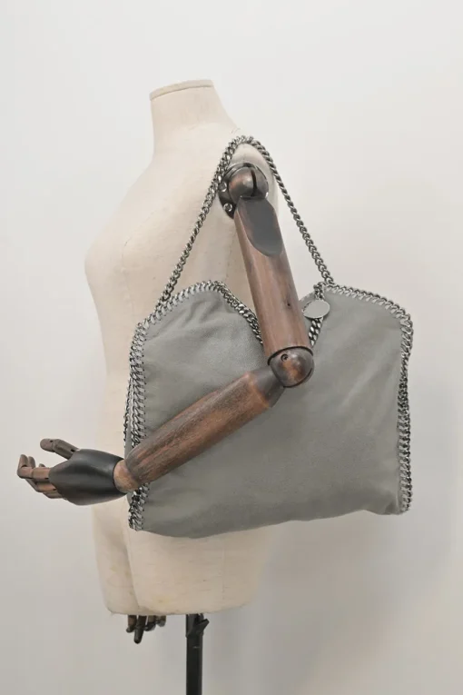 Grey cruelty-free fabric and silver-tone metallic chainlink Maxi Falabella tote bag