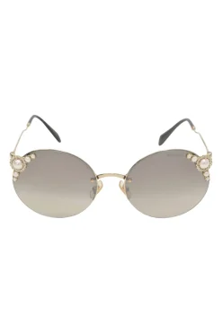 Grey crystal and faux pearl-embellished tinted polycarbonate round-eye sunglasses with sculpted metallic arms