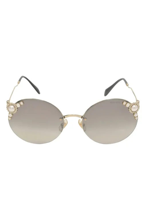Grey crystal and faux pearl-embellished tinted polycarbonate round-eye sunglasses with sculpted metallic arms