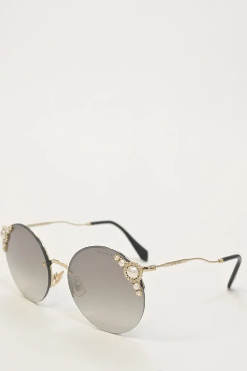 Grey crystal and faux pearl-embellished tinted polycarbonate round-eye sunglasses with sculpted metallic arms