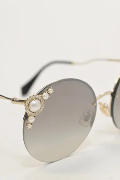 Grey crystal and faux pearl-embellished tinted polycarbonate round-eye sunglasses with sculpted metallic arms