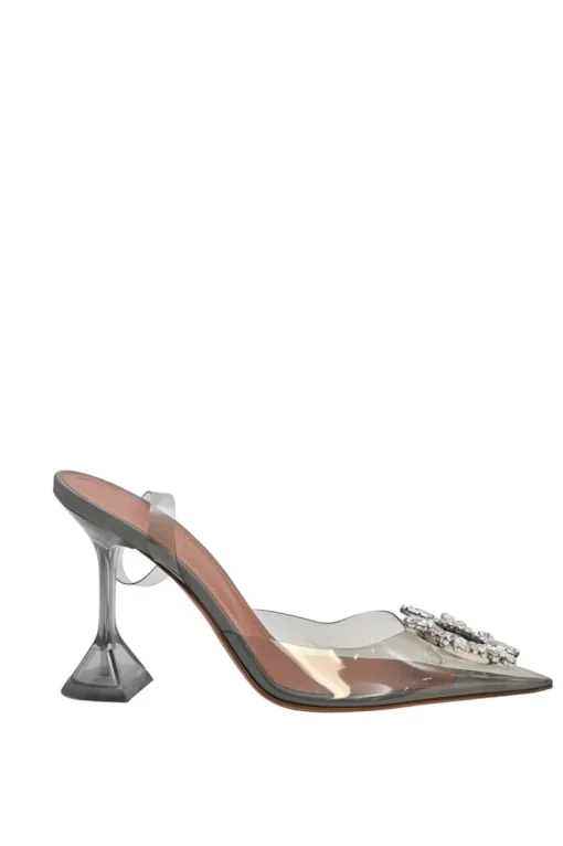 Grey crystal-embellished PVC and leather Begum slingback pumps with sculpted lucite comma heels