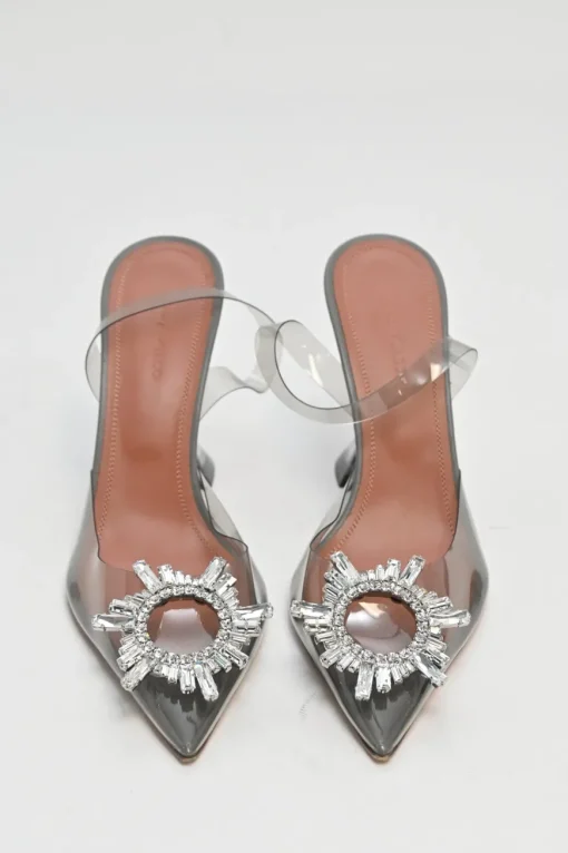 Grey crystal-embellished PVC and leather Begum slingback pumps with sculpted lucite comma heels