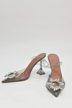 Grey crystal-embellished PVC and leather Begum slingback pumps with sculpted lucite comma heels