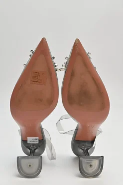 Grey crystal-embellished PVC and leather Begum slingback pumps with sculpted lucite comma heels
