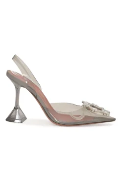 Grey crystal-embellished tinted PVC and leather Begum 105 pointed-toe slingback pumps with lucite comma heels