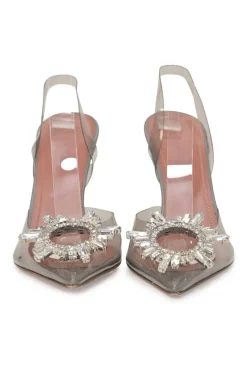 Grey crystal-embellished tinted PVC and leather Begum 105 pointed-toe slingback pumps with lucite comma heels
