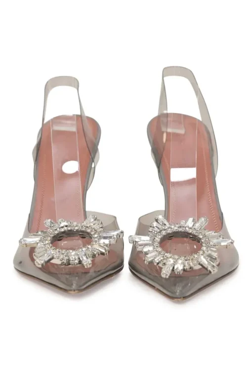 Grey crystal-embellished tinted PVC and leather Begum 105 pointed-toe slingback pumps with lucite comma heels