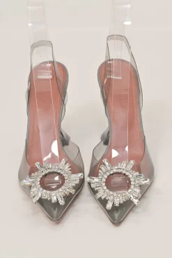 Grey crystal-embellished tinted PVC and leather Begum 105 pointed-toe slingback pumps with lucite comma heels