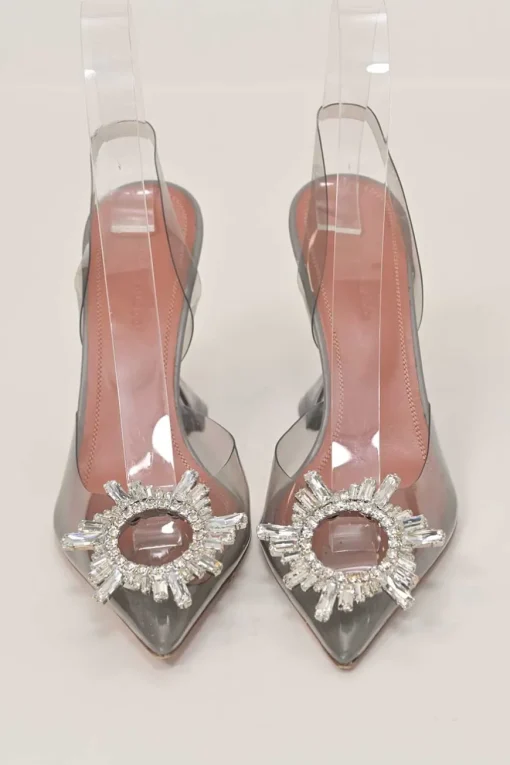 Grey crystal-embellished tinted PVC and leather Begum 105 pointed-toe slingback pumps with lucite comma heels