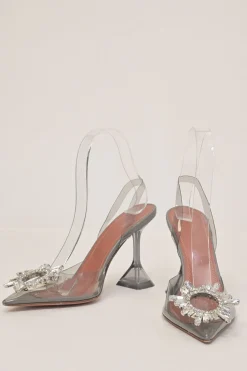Grey crystal-embellished tinted PVC and leather Begum 105 pointed-toe slingback pumps with lucite comma heels