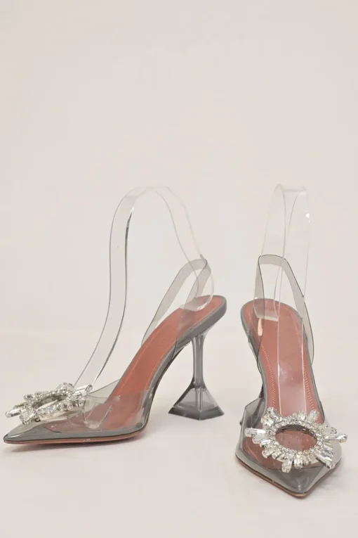 Grey crystal-embellished tinted PVC and leather Begum 105 pointed-toe slingback pumps with lucite comma heels