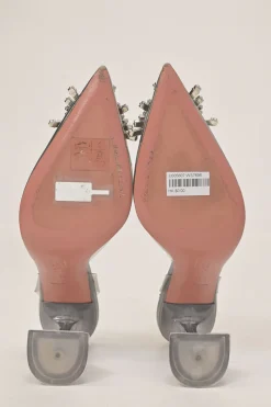 Grey crystal-embellished tinted PVC and leather Begum 105 pointed-toe slingback pumps with lucite comma heels