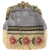 Grey embellished silk pouch bag with gold shoulder chain.