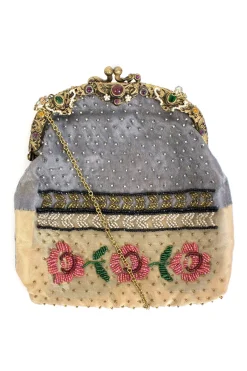 Grey embellished silk pouch bag with gold shoulder chain.