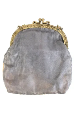 Grey embellished silk pouch bag with gold shoulder chain.