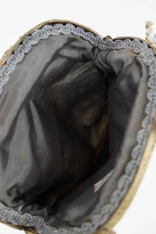 Grey embellished silk pouch bag with gold shoulder chain.