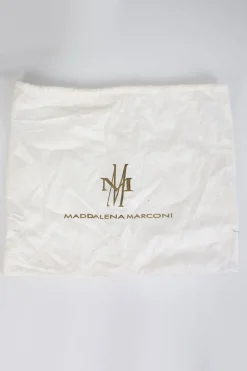 Grey embellished silk pouch bag with gold shoulder chain.